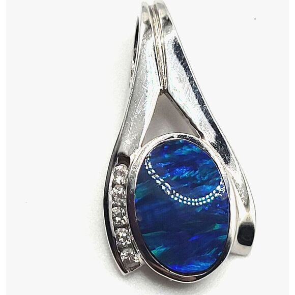 Blue Fire Opal Pendant Necklace with Crystal 1.25 in - Picture 1 of 3
